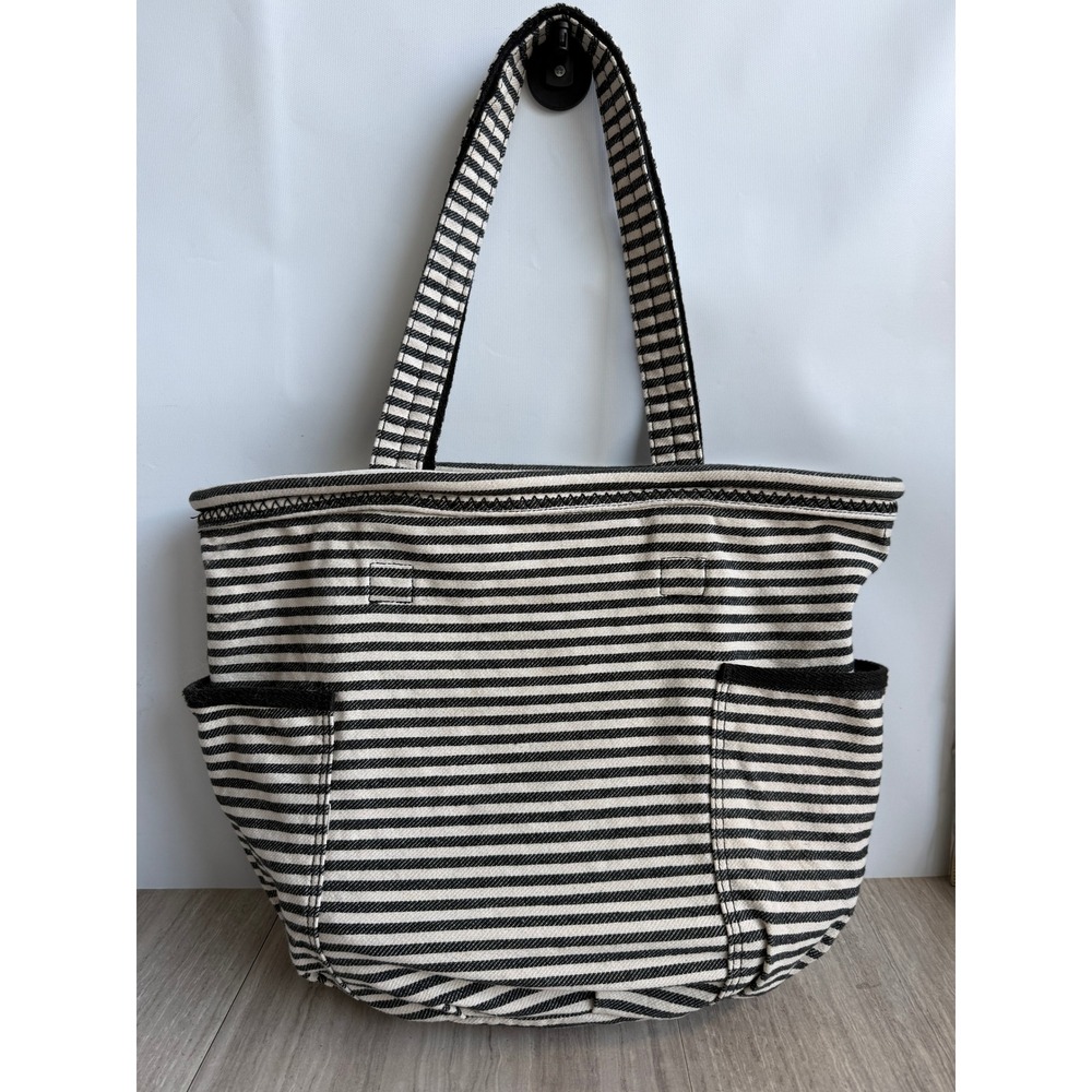 Thirty-One Retro Metro Tote Bag Black White Stripe Canvas Utility Carryall Tote